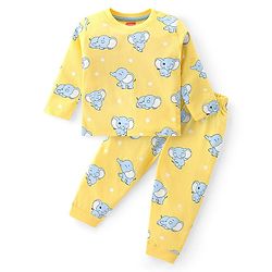 Babyhug Cotton Knit Full Sleeves Night Suit with Elephant Print - Yellow