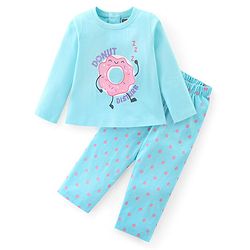 Babyhug Cotton Knit Full Sleeves Night Suit With Doughnut Print - Aqua Blue