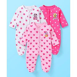 Babyhug Disney Interlock Knit Full Sleeves Sleep Suits With Minnie Mouse & Friends Graphics Pack of 3 - White Pink & Dark Pink