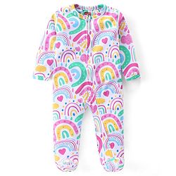 Babyhug Cotton Knit Full Sleeves Footed Sleep Suit with Heart Print - White