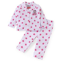 Babyhug Disney Cotton Knit Full Sleeves Front Open Night Suit With Stars & Minnie Mouse Print - Off White