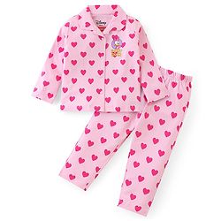 Babyhug Disney Single Jersey Knit Full Sleeves Front Open Night Suit With Daisy Duck & Hearts Print - Pink