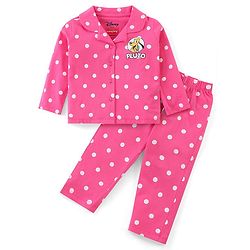 Babyhug Disney Single Jersey Knit Full Sleeves Front Open Night Suit With Pluto & Polka Dots Print - Dark Pink