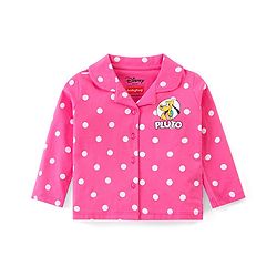 Babyhug Disney Single Jersey Knit Full Sleeves Front Open Night Suit With Pluto & Polka Dots Print - Dark Pink