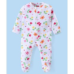 Babyhug Cotton Knit Full Sleeves Sleep Suit With Floral Print - White