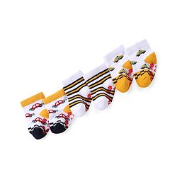 Cute Walk by Babyhug Anti Skid Ankle Length Antibacterial Knitted Striped & Car Design Socks Pack Of 3 - White & Yellow