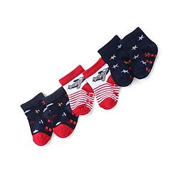 Cute Walk by Babyhug Anti Skid Ankle Length Antibacterial Knitted Striped & Aeroplane Design Socks Pack Of 3 - Blue & Red