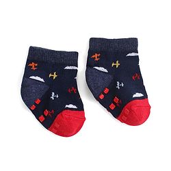 Cute Walk by Babyhug Anti Skid Ankle Length Antibacterial Knitted Striped & Aeroplane Design Socks Pack Of 3 - Blue & Red