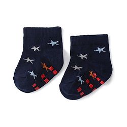 Cute Walk by Babyhug Anti Skid Ankle Length Antibacterial Knitted Striped & Aeroplane Design Socks Pack Of 3 - Blue & Red
