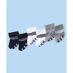 Cute Walk by Babyhug Anti Skid Ankle Length Antibacterial Knitted Striped Socks Pack Of 3 - Blue  White & Grey