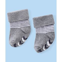 Cute Walk by Babyhug Anti Skid Ankle Length Antibacterial Knitted Striped Socks Pack Of 3 - Blue  White & Grey