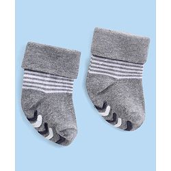 Cute Walk by Babyhug Anti Skid Ankle Length Antibacterial Knitted Striped Socks Pack Of 3 - Blue  White & Grey