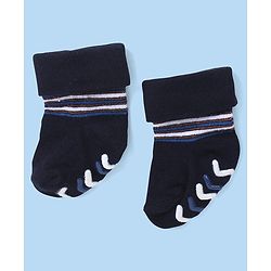 Cute Walk by Babyhug Anti Skid Ankle Length Antibacterial Knitted Striped Socks Pack Of 3 - Blue  White & Grey