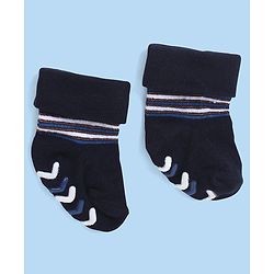 Cute Walk by Babyhug Anti Skid Ankle Length Antibacterial Knitted Striped Socks Pack Of 3 - Blue  White & Grey