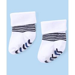 Cute Walk by Babyhug Anti Skid Ankle Length Antibacterial Knitted Striped Socks Pack Of 3 - Blue  White & Grey