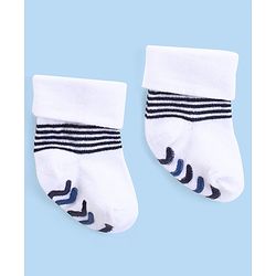 Cute Walk by Babyhug Anti Skid Ankle Length Antibacterial Knitted Striped Socks Pack Of 3 - Blue  White & Grey