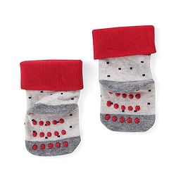 Cute Walk by Babyhug Anti Skid Ankle Length Antibacterial Knitted Striped & Text Design Socks Pack Of 3 - Red Grey & White