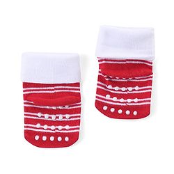 Cute Walk by Babyhug Anti Skid Ankle Length Antibacterial Knitted Striped & Text Design Socks Pack Of 3 - Red Grey & White