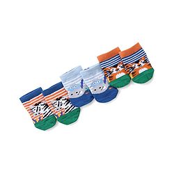 Cute Walk by Babyhug Anti Skid Ankle Length Antibacterial Knitted Striped & Animal Design Socks Pack Of 3 - Orange Blue & Green