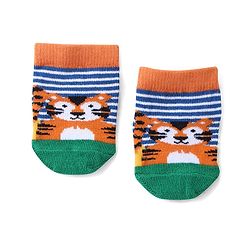 Cute Walk by Babyhug Anti Skid Ankle Length Antibacterial Knitted Striped & Animal Design Socks Pack Of 3 - Orange Blue & Green