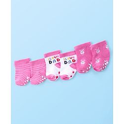 Cute Walk by Babyhug Anti Skid Ankle Length Antibacterial Knitted Striped & Text Design Socks Pack Of 3 - Pink & White