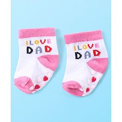 Cute Walk by Babyhug Anti Skid Ankle Length Antibacterial Knitted Striped & Text Design Socks Pack Of 3 - Pink & White