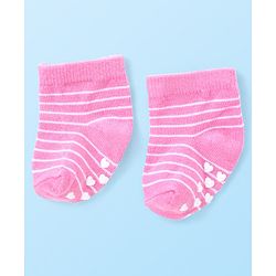 Cute Walk by Babyhug Anti Skid Ankle Length Antibacterial Knitted Striped & Text Design Socks Pack Of 3 - Pink & White