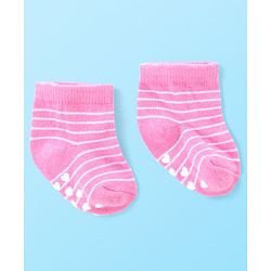 Cute Walk by Babyhug Anti Skid Ankle Length Antibacterial Knitted Striped & Text Design Socks Pack Of 3 - Pink & White