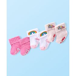 Cute Walk by Babyhug Anti Skid Ankle Length Antibacterial Knitted Polka Dots & Animal Design Socks Pack Of 3 - Pink Peach & White