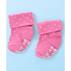 Cute Walk by Babyhug Anti Skid Ankle Length Antibacterial Knitted Polka Dots & Animal Design Socks Pack Of 3 - Pink Peach & White