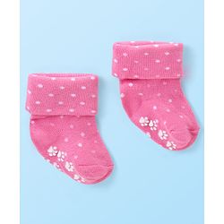Cute Walk by Babyhug Anti Skid Ankle Length Antibacterial Knitted Polka Dots & Animal Design Socks Pack Of 3 - Pink Peach & White