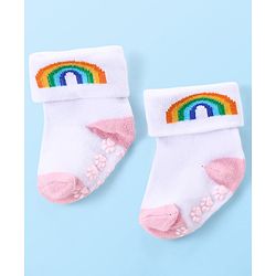 Cute Walk by Babyhug Anti Skid Ankle Length Antibacterial Knitted Polka Dots & Animal Design Socks Pack Of 3 - Pink Peach & White