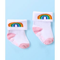 Cute Walk by Babyhug Anti Skid Ankle Length Antibacterial Knitted Polka Dots & Animal Design Socks Pack Of 3 - Pink Peach & White