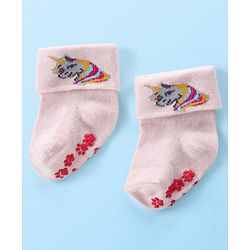 Cute Walk by Babyhug Anti Skid Ankle Length Antibacterial Knitted Polka Dots & Animal Design Socks Pack Of 3 - Pink Peach & White