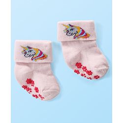 Cute Walk by Babyhug Anti Skid Ankle Length Antibacterial Knitted Polka Dots & Animal Design Socks Pack Of 3 - Pink Peach & White