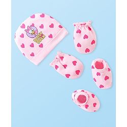 Babyhug Disney Cotton Knit Cap Mittens & Booties Set with Heart & Daisy Duck Graphic - Pink
