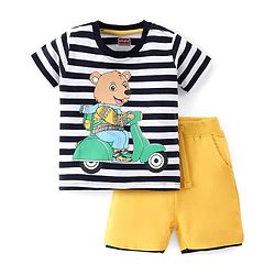 Babyhug Cotton Knit Half Sleeves Striped T-Shirt & Shorts Set With Bear Print - Multicolor