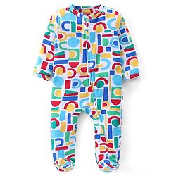 Babyhug Cotton Knit Full Sleeves Footed Sleep Suit with Abstract Print - White