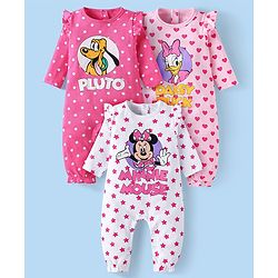 Babyhug Disney Interlock Knit Full Sleeves Polka Dots & Minnie Mouse & Friends Printed Romper with Frill Detailing Pack of 3 - Pink & White