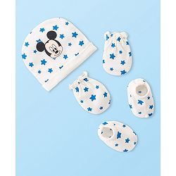 Babyhug Disney Interlock Knit Cap Mittens & Booties Set Mickey Mouse & Star Printed - White