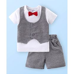 Babyhug Cotton Knit Half Sleeves T-Shirt With Bow &  Attached Waist Coat & Shorts Set - White & Grey