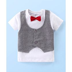 Babyhug Cotton Knit Half Sleeves T-Shirt With Bow &  Attached Waist Coat & Shorts Set - White & Grey