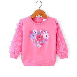 Babyhug Knit Full Sleeves Sweatshirt With Floral Graphics & Mesh Detailing - Pink
