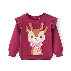 Babyhug Disney Cotton Knit Full Sleeves High Neck Sweatshirt With Reindeer Patch & Pom Pom Detailing - Maroon