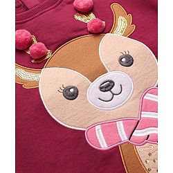 Babyhug Disney Cotton Knit Full Sleeves High Neck Sweatshirt With Reindeer Patch & Pom Pom Detailing - Maroon