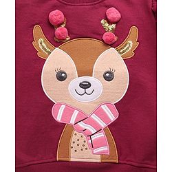Babyhug Disney Cotton Knit Full Sleeves High Neck Sweatshirt With Reindeer Patch & Pom Pom Detailing - Maroon