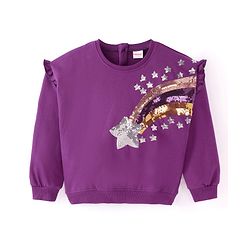 Babyhug Cotton Knit Full Sleeves Sweatshirt With Sequined Rainbow & Star Embroidery - Purple