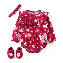 Babyhug 100% Cotton Knit Full Sleeves Onesie With Hairband & Booties Floral Print - Red