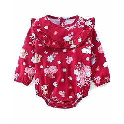 Babyhug 100% Cotton Knit Full Sleeves Onesie With Hairband & Booties Floral Print - Red