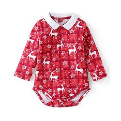 Babyhug 100% Cotton Knit Full Sleeves Onesie with Christmas Theme - Red